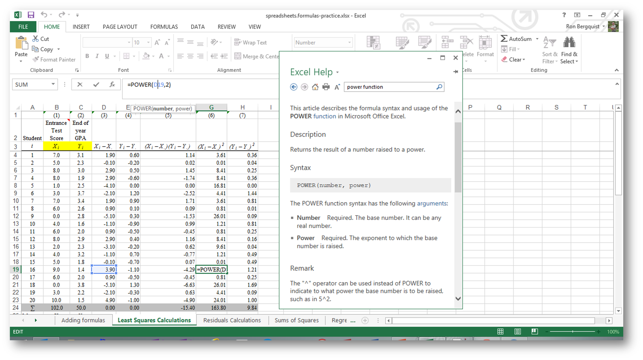 [MSExcel 2014 displaying a power function]