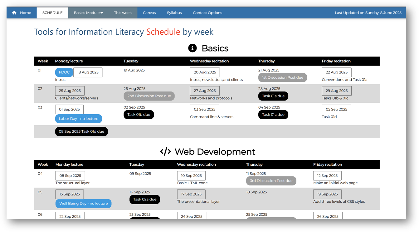 the class schedule page