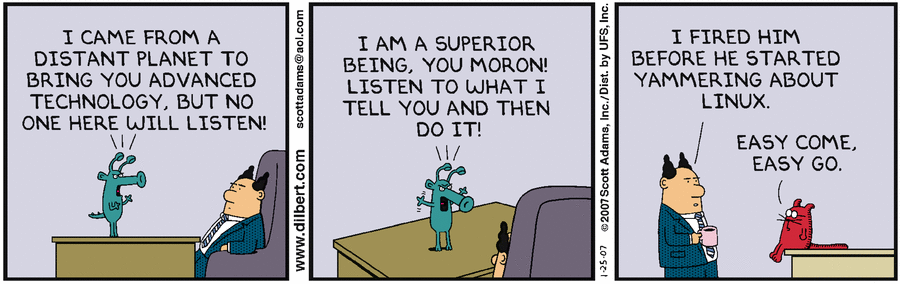 Dilbert strip from 27 Jan 2007 spoofing Linux fans