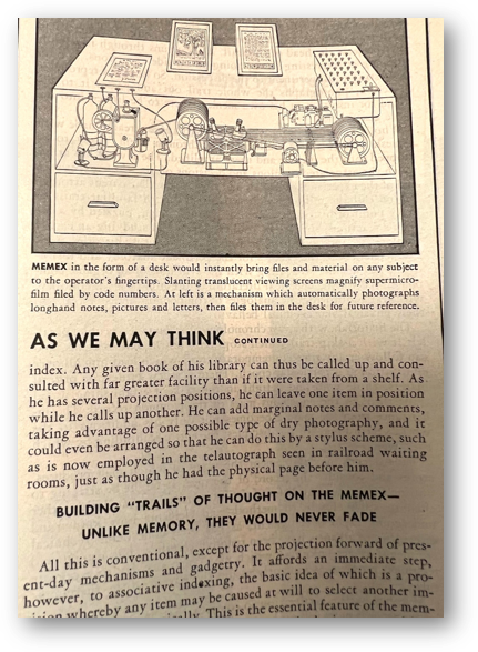 Vannevar Bush in Time Magazine, and a sketch of the Memex