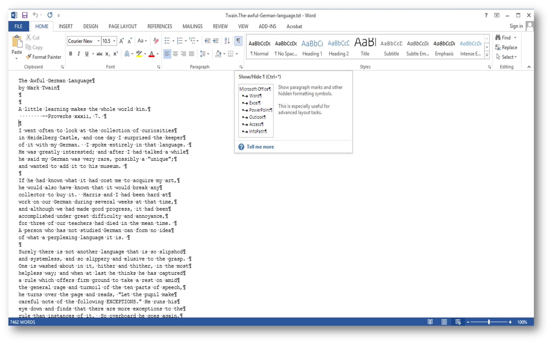[how Word2013 markup appears if you select the show-hide button]