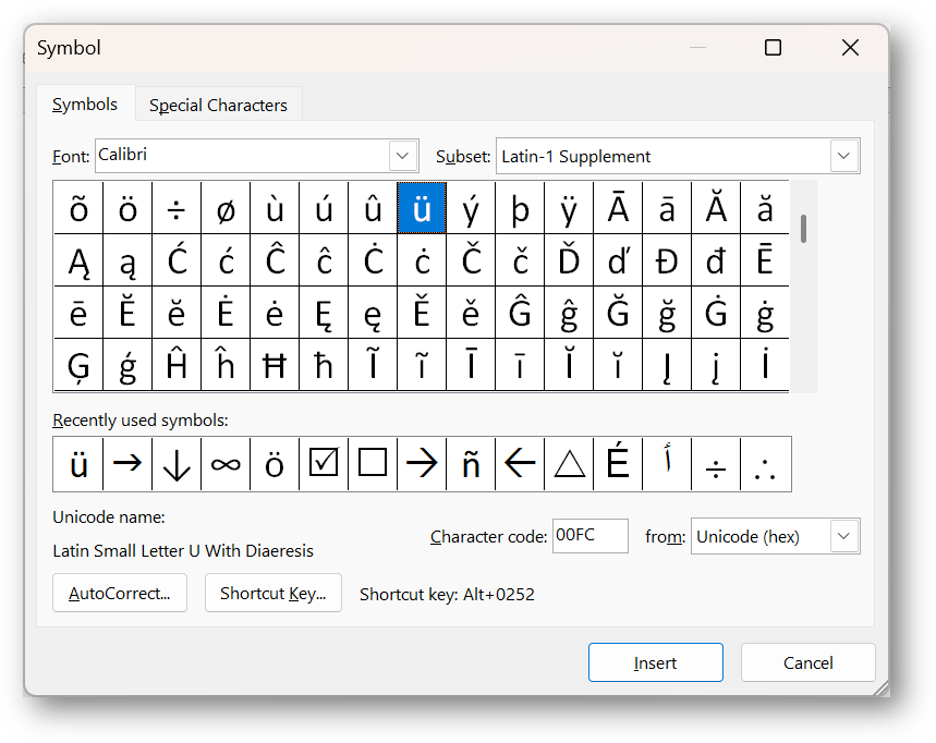 [special characters/symbols dialog box]