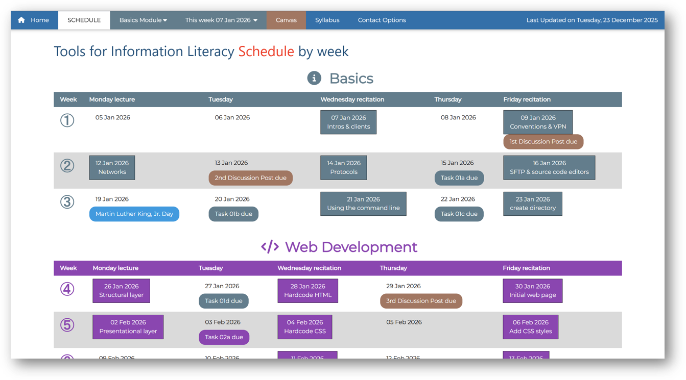 the class schedule page
