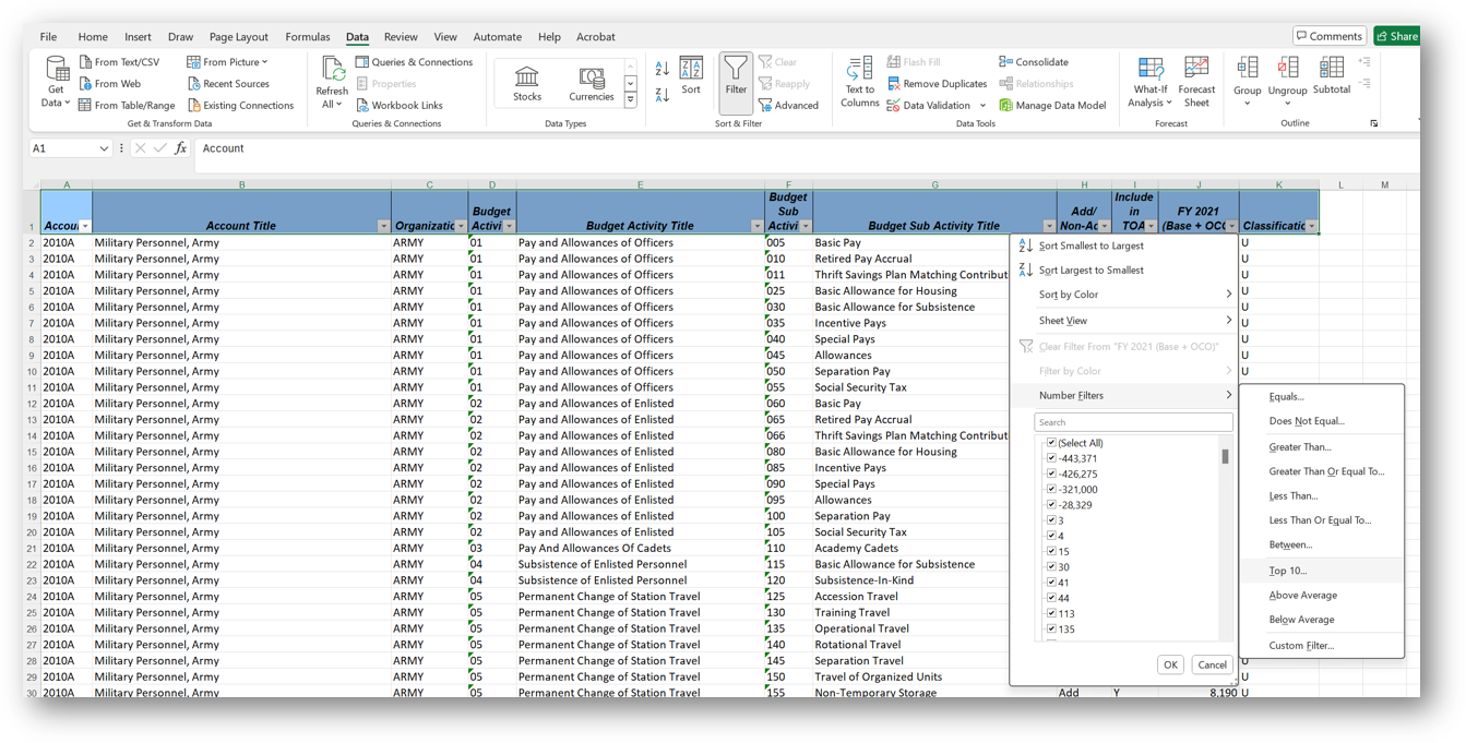 number filter in one column