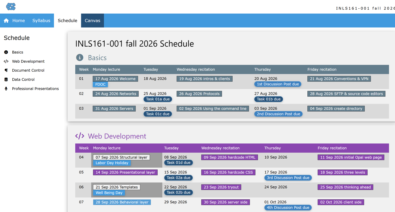 the class schedule page