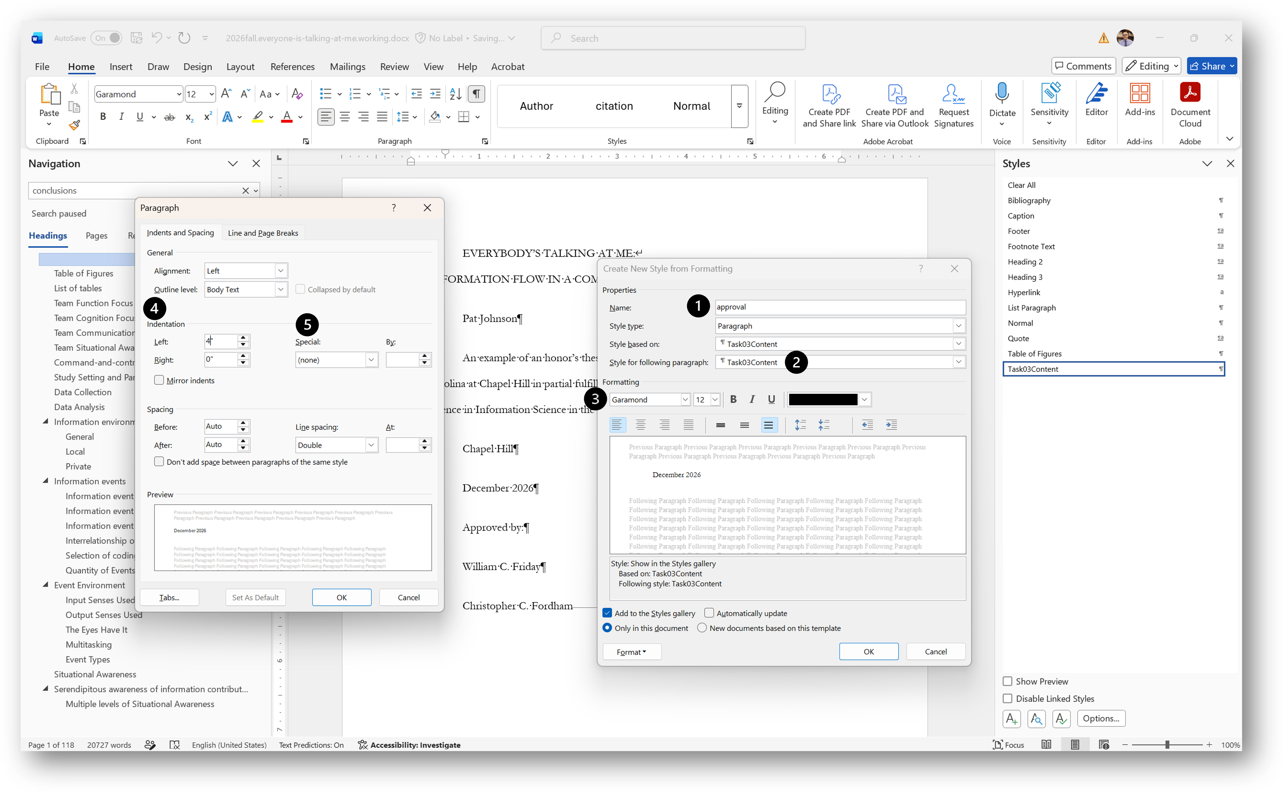 [MSWord 365 styles sidebar and dialog boxes]