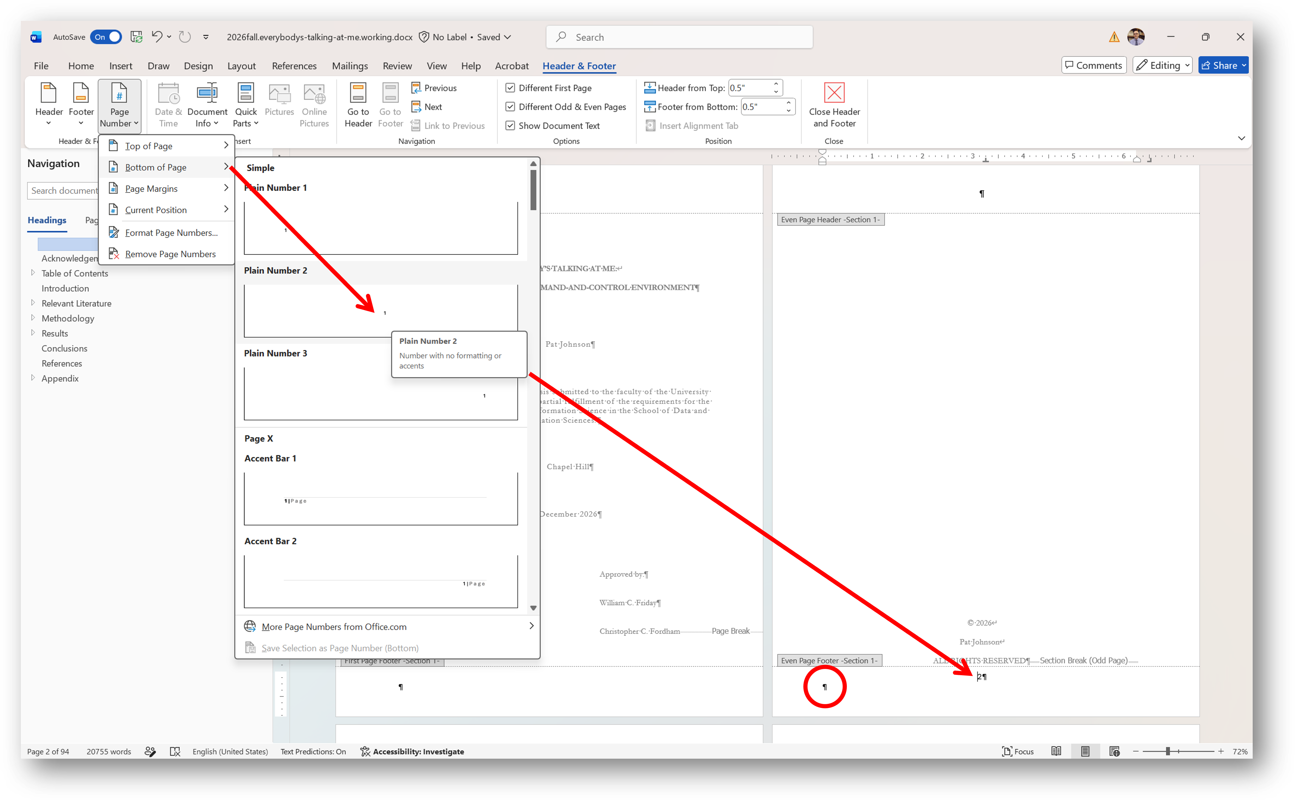 [MSWord 365 set up page number centered in footer]