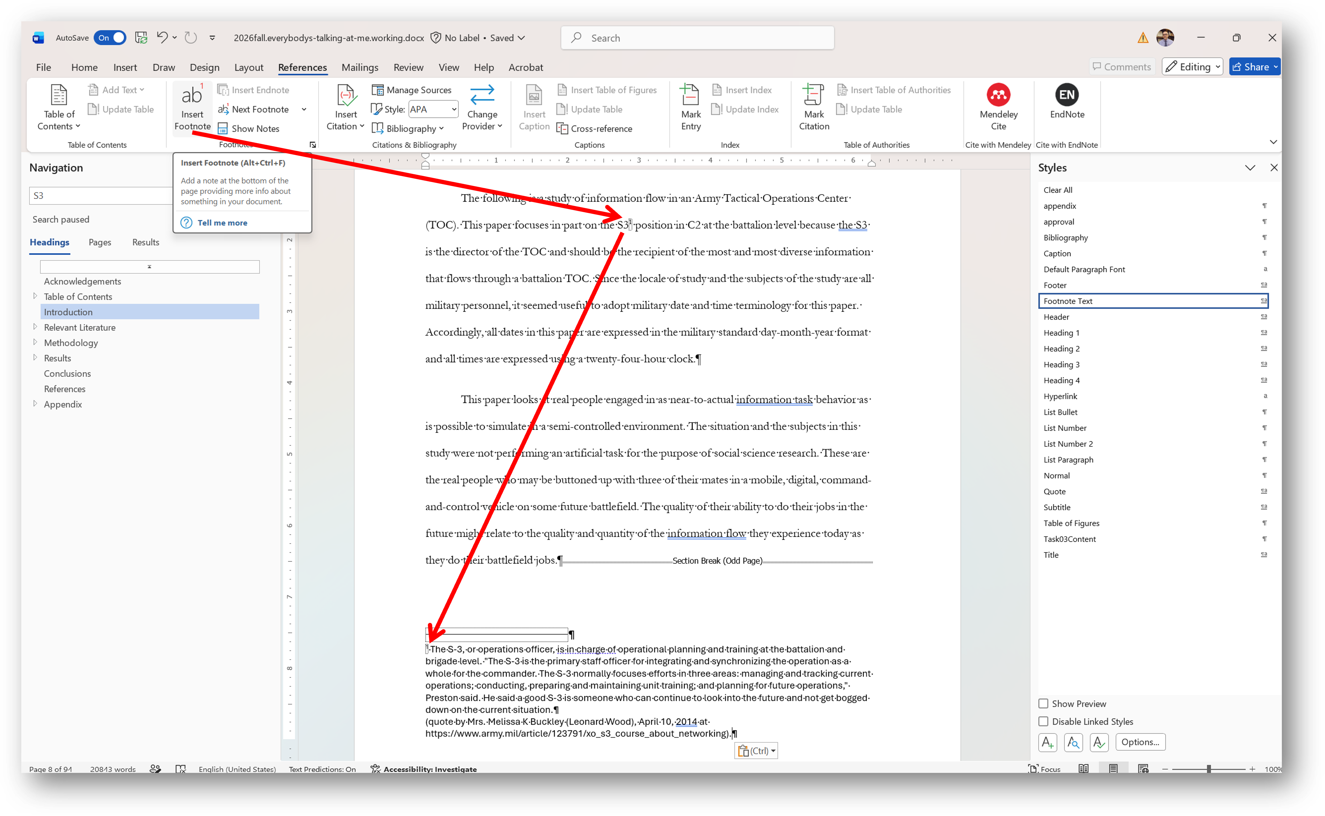 [MSWord 365 footdnote tool and location]