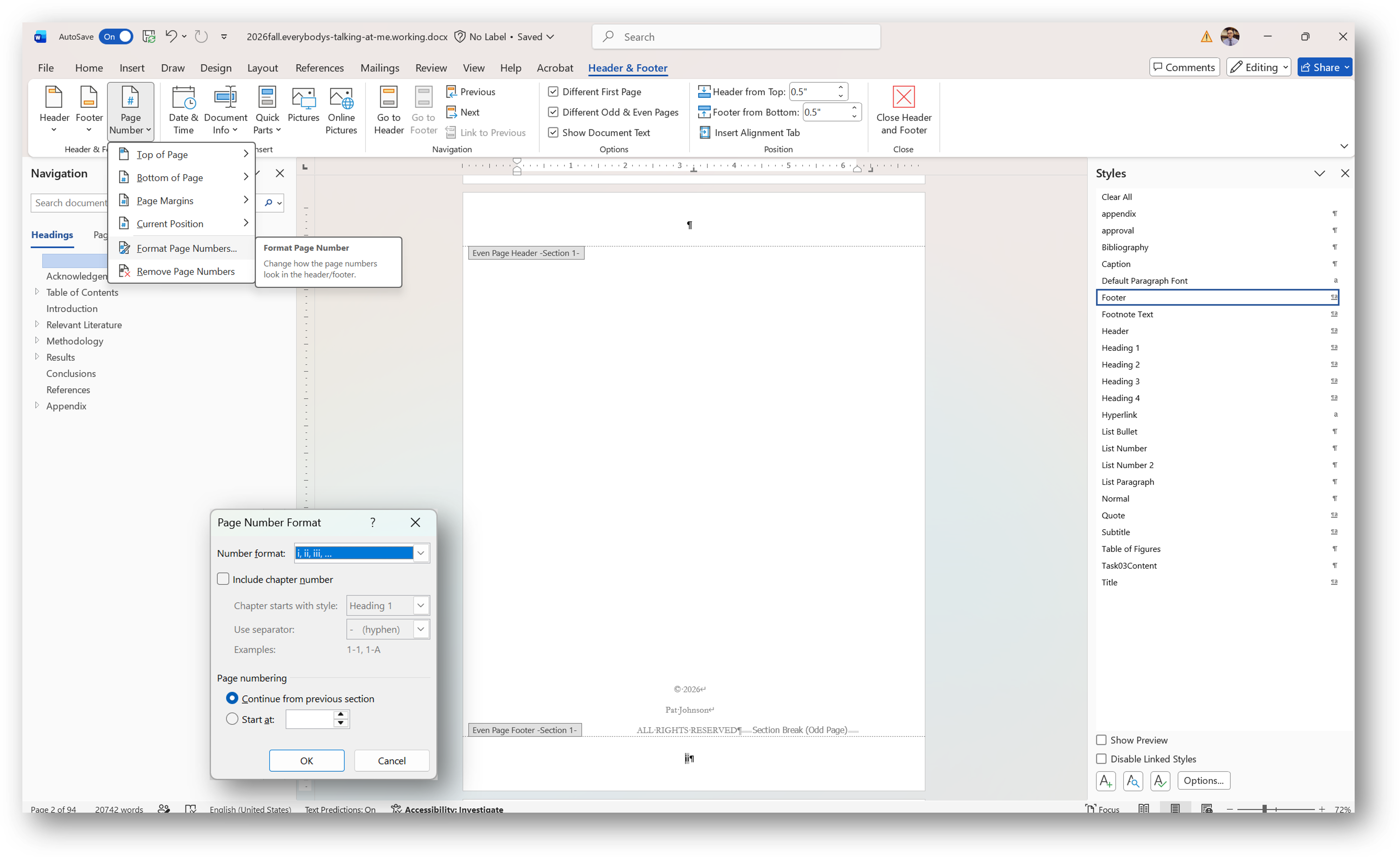 [MSWord 365 set up page number centered in footer]