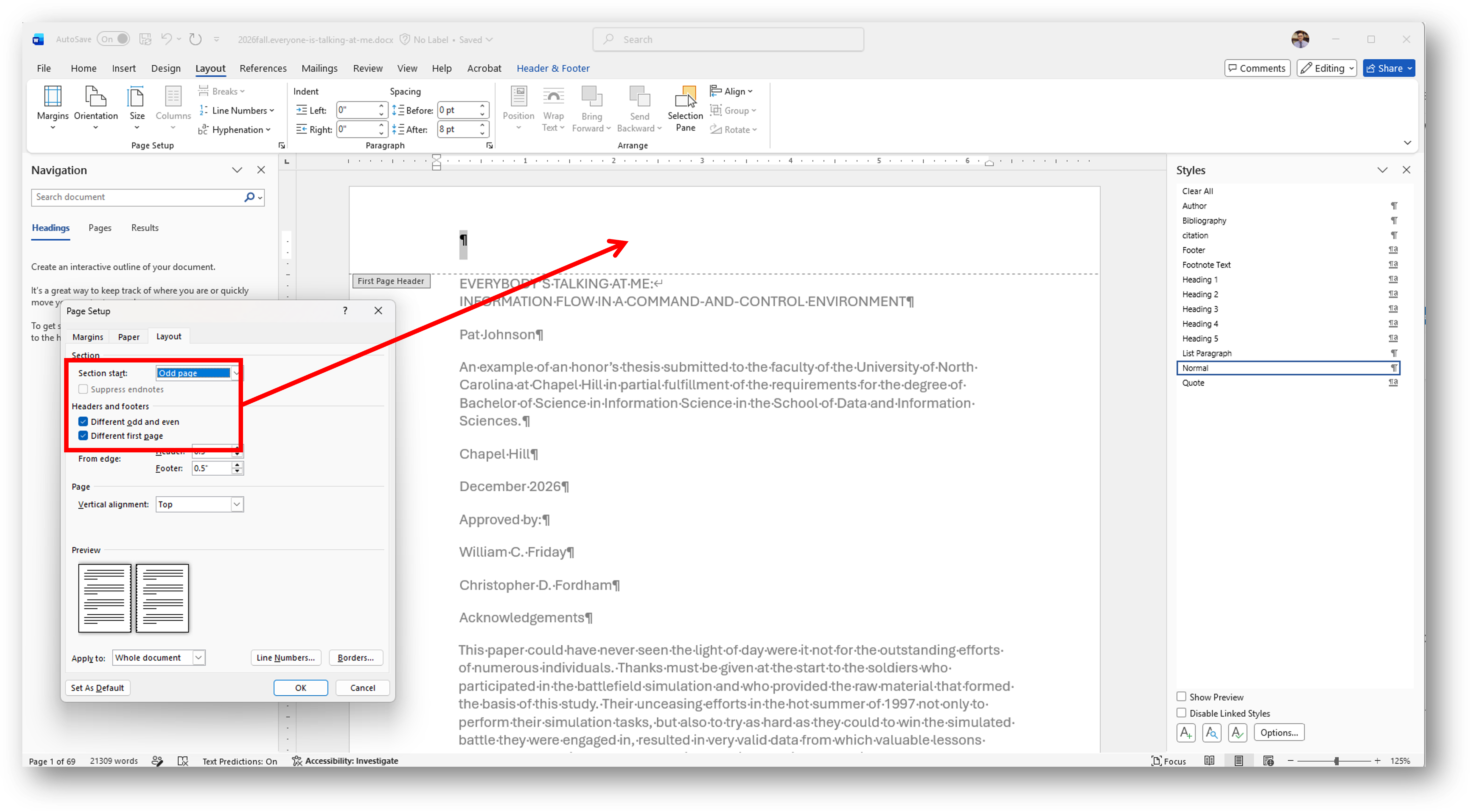 [MSWord page setup section start, headers and footers]