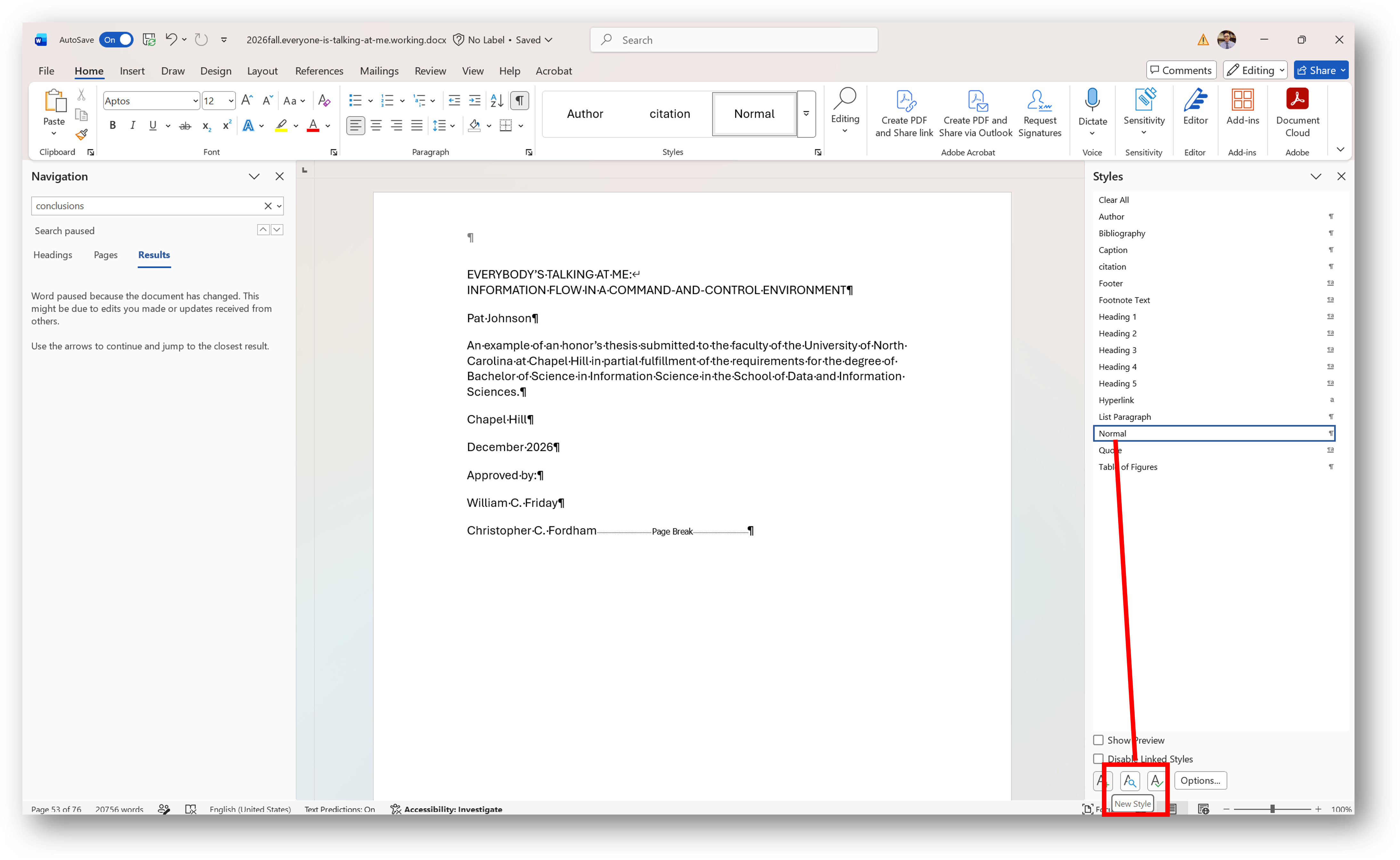 [MSWord 365 styles sidebar showing button to open new style dialog box]