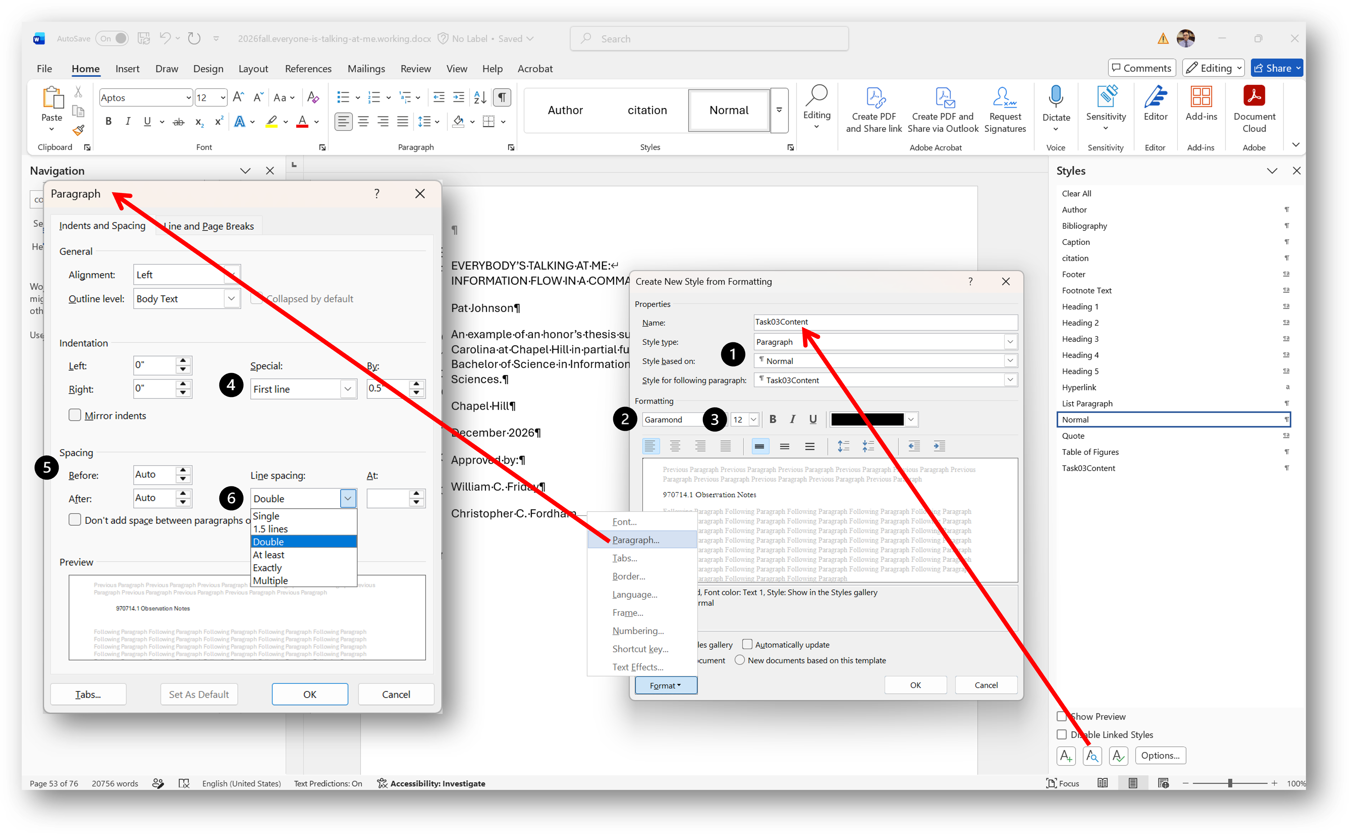 [MSWord 365 styles sidebar and dialog boxes]