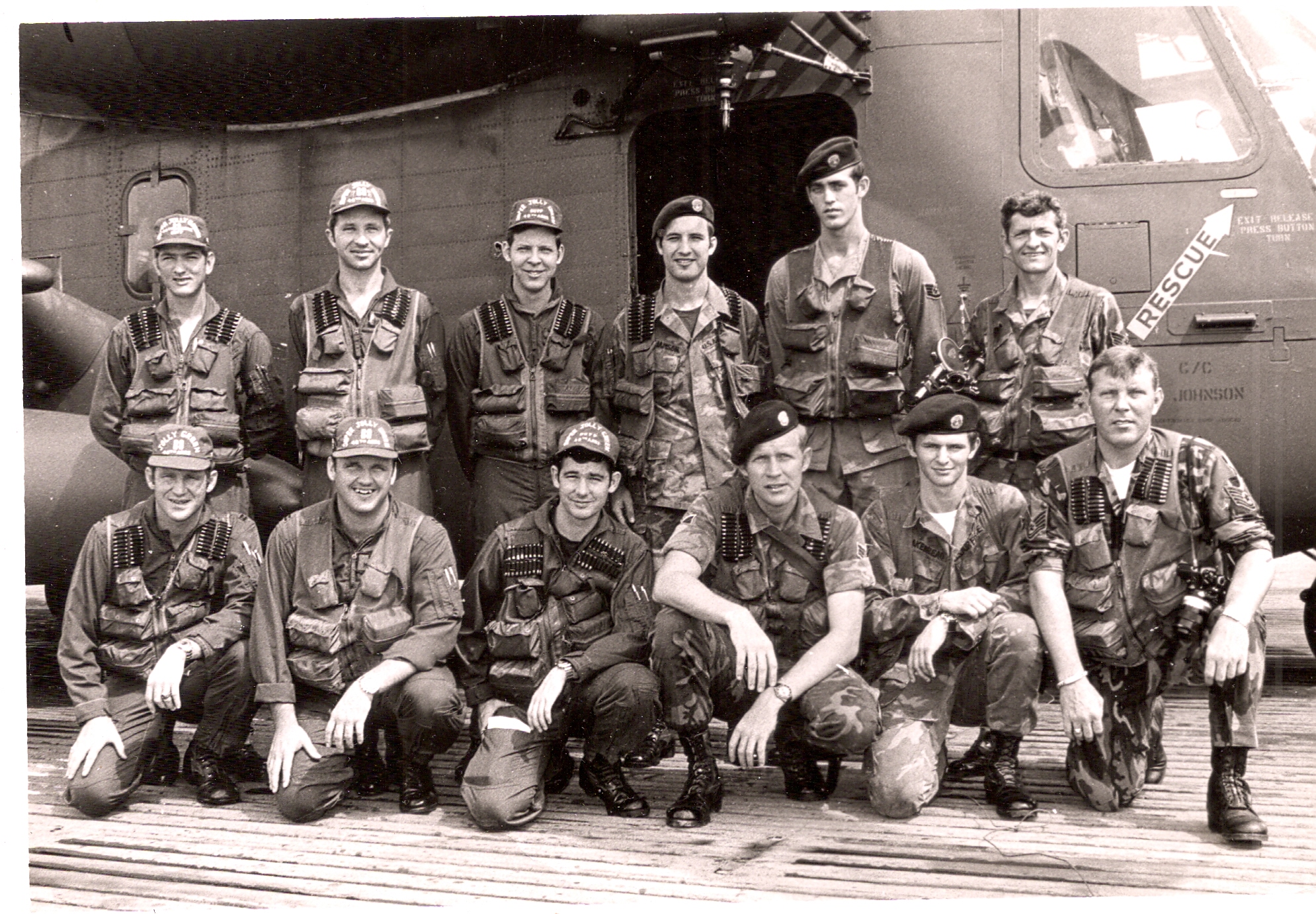 The two HH-53C crews who participated in the Oyster 01B rescue mission after the flight. 
                            Front row, left to right, are
                            Capt Dale Stovall, Capt John Gillespie II, A1C James Walsh, Sgt Charles McQuoid II, A1C Kenneth Cakebread, and TSgt Bobby Welborn. 
                            Back row, left to right, are 
                            Capt Jerry Shipman, Capt Stanley Zielinski, Sgt William Lyles, Sgt Dennis Williamson, SSgt Donald Goodlett, and SSgt Hal Smith